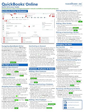 QuickBooks Online Quick Reference Training Card - Laminated Tutorial Guide Cheat Sheet (Instructions and Tips)