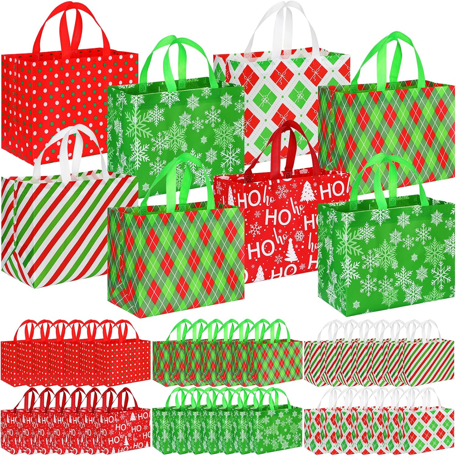 48 Pcs Large Christmas Gift Bags Tote Bags with Handle Christmas Non Woven Gift Bags Christmas Bags Reusable Santa Claus Snowman Totes Bags for Xmas Event Party 12.6 x 9.8 x 6.7 Inch Multi Pattern