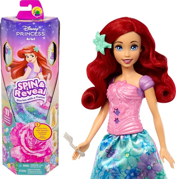 Mattel Disney Princess Ariel Fashion Doll Set Spin & Rebel with 11 Surprises, 5 Accessories, 5 Stickers & Play Scenes, Movie Inspired