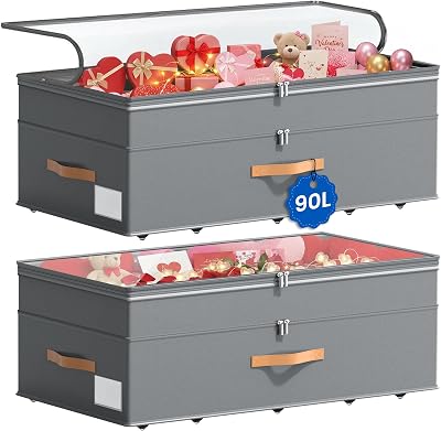 Under Bed Storage with Wheels, 2-Pack Underbed Storage Containers, No Assemble 11 inches 90L XXL Large Adjustable Storage Bins with Clear Lids, Rolling Storage for Clothes, Shoes, Blankets, Gray