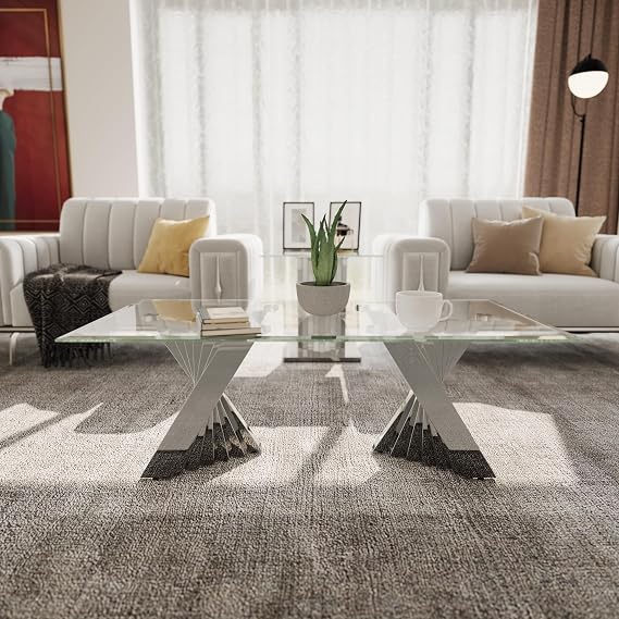 Coffee Table, 50" Clear Glass Living Room Rectangle Table with Gorgeous Silver Stainless Steel Base