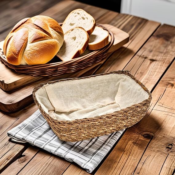 Deconox Handmade Wicker Rectangular Bread and Decorative Rectangular Wicker Basket with Cloth Inside, Wicker Bread Basket Rectangular (22cm*16cm*8cm)