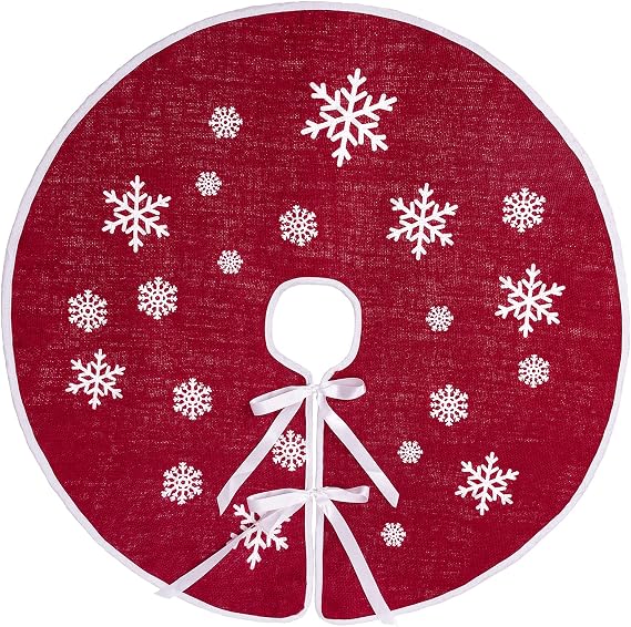30 Inch Red Burlap Christmas Tree Skirt with White Snowflakes | Fits Trees under 5FT, Satin Ribbon Ties, Rustic Burlap Fabric, Snowflake Print, for Farmhouse, Indoor, Holiday, XMAS Decor