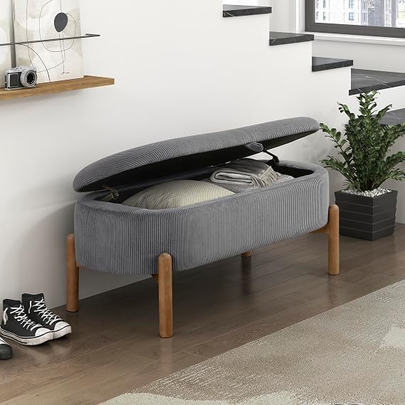 Lexicon Lift Top Storage Bench, Corduroy Upholstered Oval Entryway Bench with Solid Wood Leg Support, Modern Striped Storage Chest for Entryway/Living Room/Bedroom, Gray
