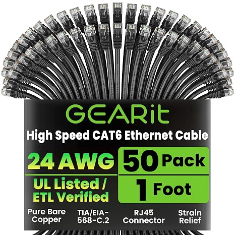 GEARit Cat6 Patch Cables Cat 6 Ethernet Cable 1 ft 50-Pack Black