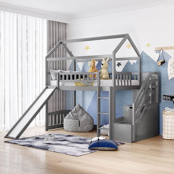 Twin Loft Bed with Two Drawers and Slide, House Bed with Slide, Stairway Loft Bed Frame for Kids, Teens, Bedroom (Grey)