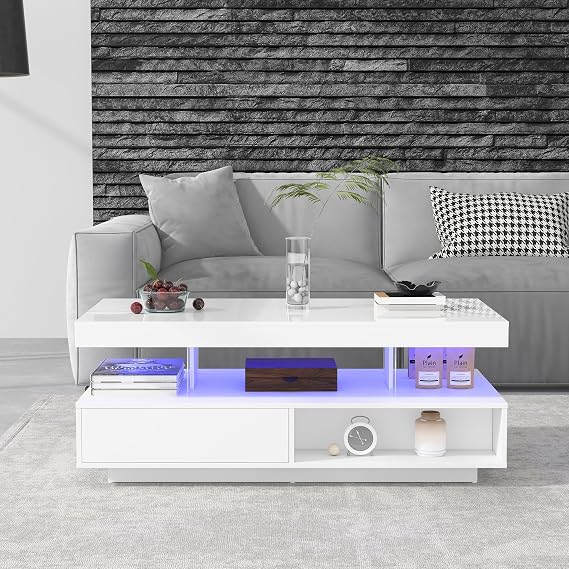 MESAILUP White Coffee Table with 2 Drawers, Open Storage for Living Room