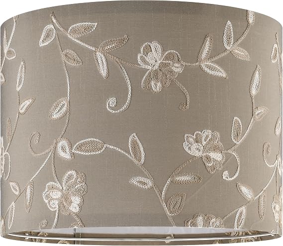 Creme Fabric Drum Lamp Shade with Embroidered Leaf Trim 13" Top x 13" Bottom x 10" High (Spider) Medium Lamp Shade for Table & Bedside Lamp Replacement Lampshades in Hand Crafted