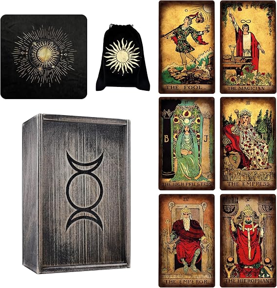 CRAFTERIAN Deluxe Set of Bright Tarot Cards, Dark Wooden Box, Cloth and Bag. 78 Tarot Deck, Original Tarot Cards for Beginners and Experts with Guide Book.
