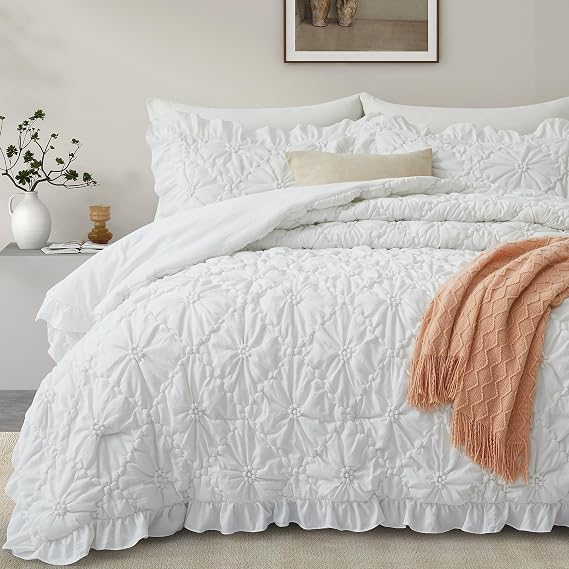 BEDAZZLED King Comforter Set, White Pinch Pleat Ruffle, 3 Pieces