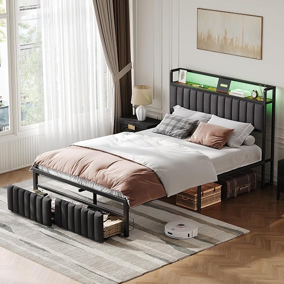Double Bed Frame with 2 Storage Drawers, Wooden Storage Headboard Shelf with LED-Light & UPS-Port. Metal Bed for Adults and Teenagers, No Mattress (135 x 190 cm)
