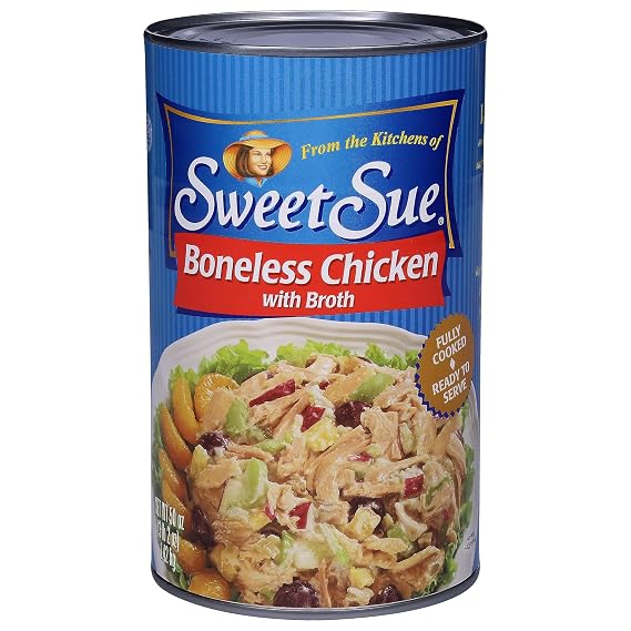 Sweet Sue Canned Boneless Chicken with Broth - 10g Protein per Serving - Gluten Free, Keto Friendly - White Chicken Chunks Great for Snack, Lunch or Dinner Recipes - 50 oz (Pack of 1)