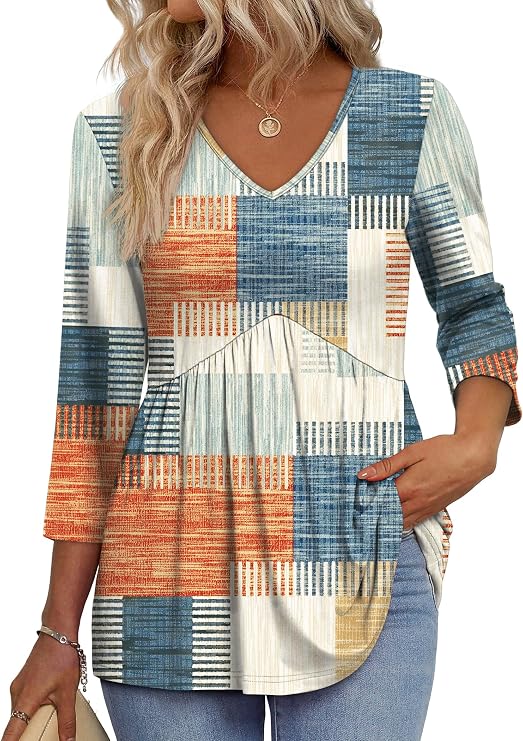 OFEEFAN 3/4 Length Sleeve Womens Tops 2026 Blouses for Women Dressy Casual Fashion Clothing V Neck Babydoll Tops Fall Outfits