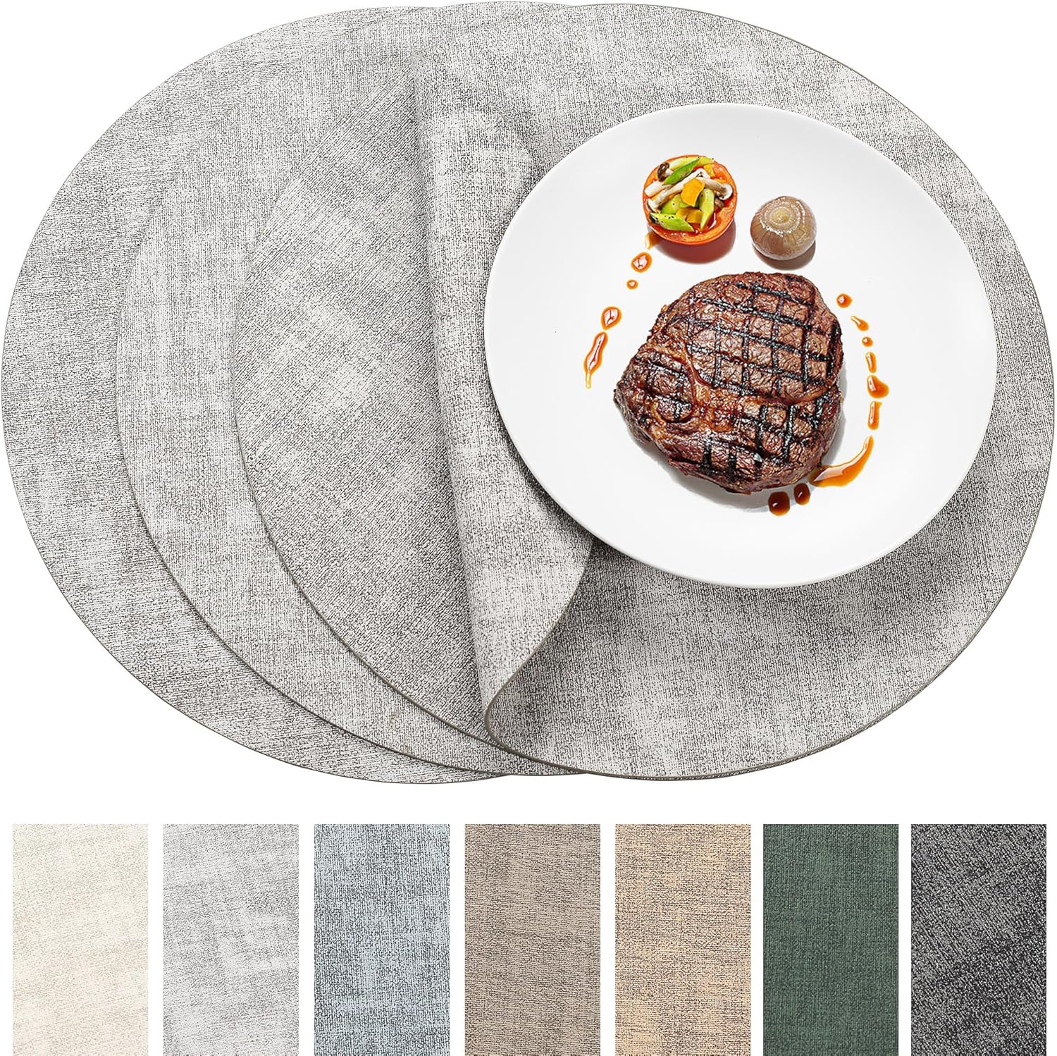 Round Faux Leather Placemats Set of 4，100% Waterproof and Heat Resistant Table Mats，Anti Slip Wipeable Washable Vinyl Place Mats，Easy Care Table Mats Suitable for Indoor & Outdoor Use