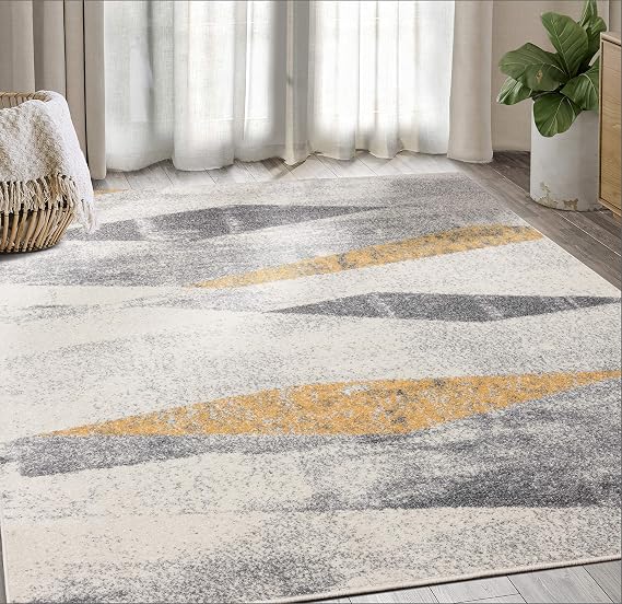 Abani Geometric Distressed Turkish Area Rug, Laguna Collection Grey & Yellow Modern Style 7'9" X 10'2" Accent Rug Rugs