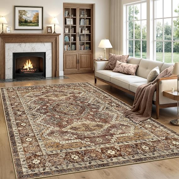 Rugland 6x9 Area Rugs for Living Room, Vintage Washable Area Rug, Rust