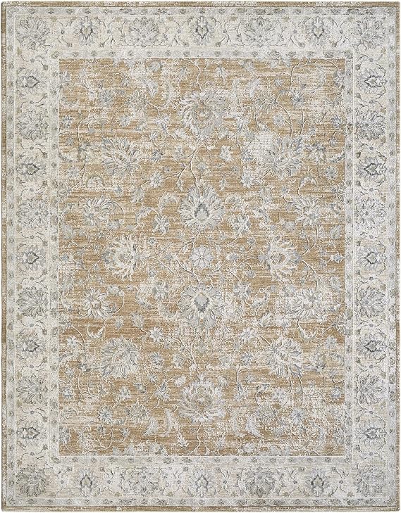 Hauteloom Borah Living Room, Bedroom Area Rug - Floral Border Medallion Damask Distressed - Traditional Oriental Transitional Oushak Farmhouse - Light Brown, Cream, Medium Brown, Tan, Gray - 5' x 7'5"