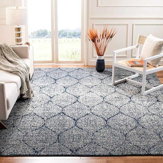 SAFAVIEH Madison Collection Area Rug - 9' x 12', Navy & Silver, Glam Ogee Trellis Distressed Design, Non-Shedding & Easy Care, Ideal for High Traffic Areas in Living Room, Bedroom (MAD604G)