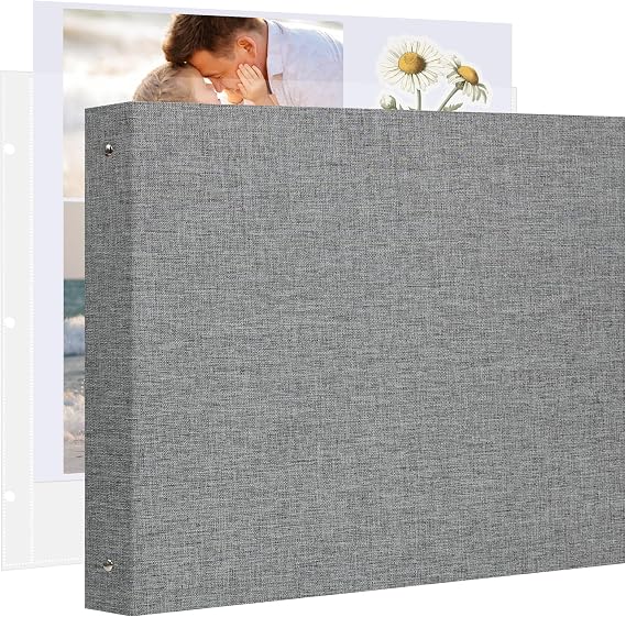 Large Scrapbook Album with 30 Sheets Plastic Sleeves and Scrap Book Paper 12x12 Inch, Linen Cover 3 Ring Photo album Scrapbooks for Wedding Baby Famliy Memory Grey