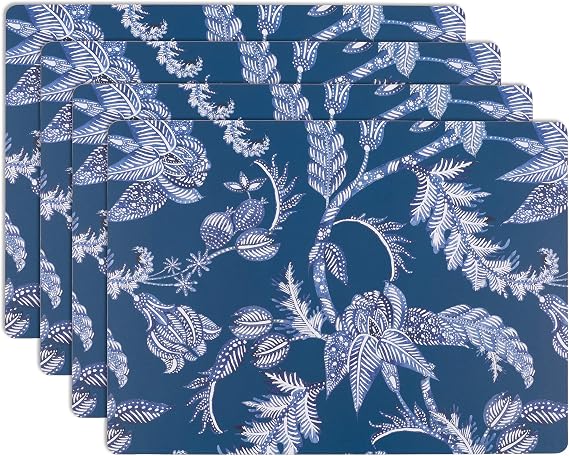 House and Home Cork Placemats 16 x 12-Inch Set of 4 (Indigo Batik Floral Print)