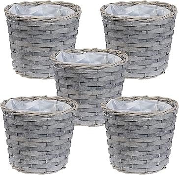 Sunnydaze 5-Piece Wicker Planter Basket Set - Indoor Use Only - Plastic Lined Flower Pots - Gray Poplar Construction with Steel Wire Frame - 6.75-Inch Diameter